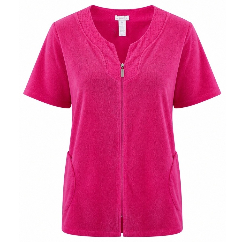 VTG Jasmine Rose Loungewear Women 2X Zip Front Pink Fleece Short Sleeve Robe Top